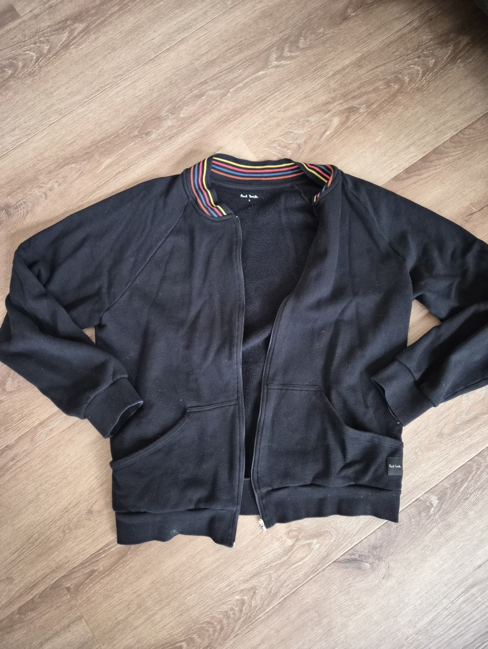Paul Smith Black Zip-Up Bomber with Multicolor Striped Collar Large